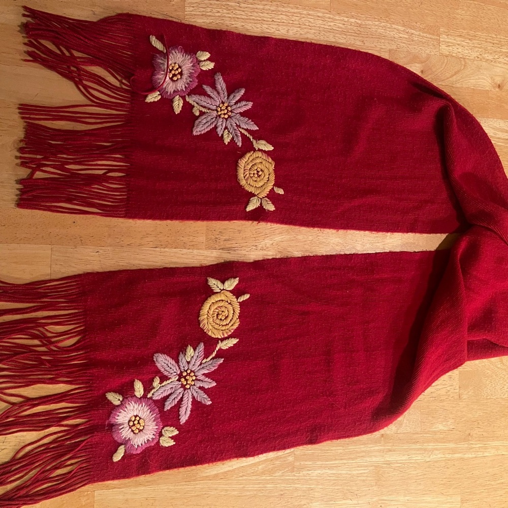 Nick & Nora Red Embroidered Floral Fringe Scarf - 68 inches by 10 inches
